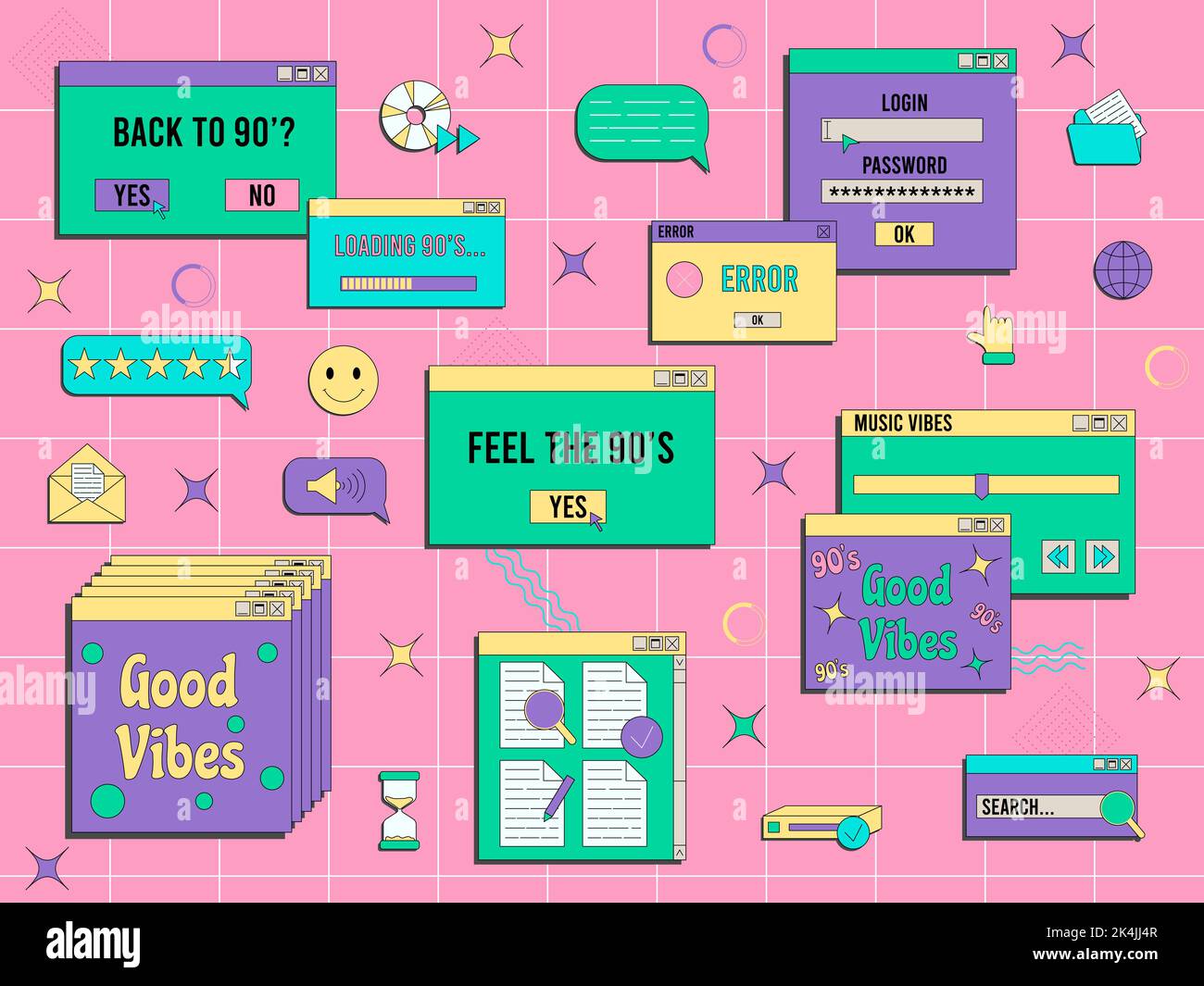 Satz von Vaporwave UI- und UX-Elementen. PC-Retro-Spielrahmen. Nostalgischer Stil 70s, 80s, 90s. Stock Vektor