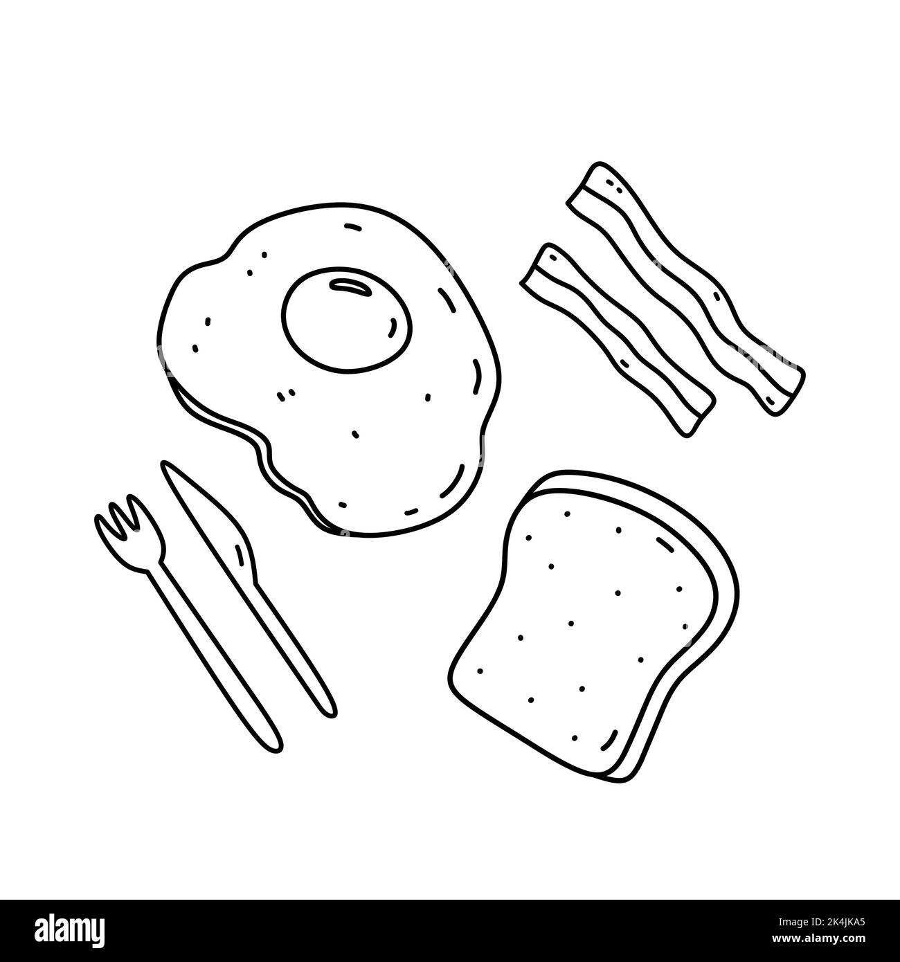 Spiegeleier mit Toast und Speck isoliert auf weißem Hintergrund. Essen zum Frühstück. Vektor-handgezeichnete Illustration im Doodle-Stil. Perfekt für Rezepte, Stock Vektor