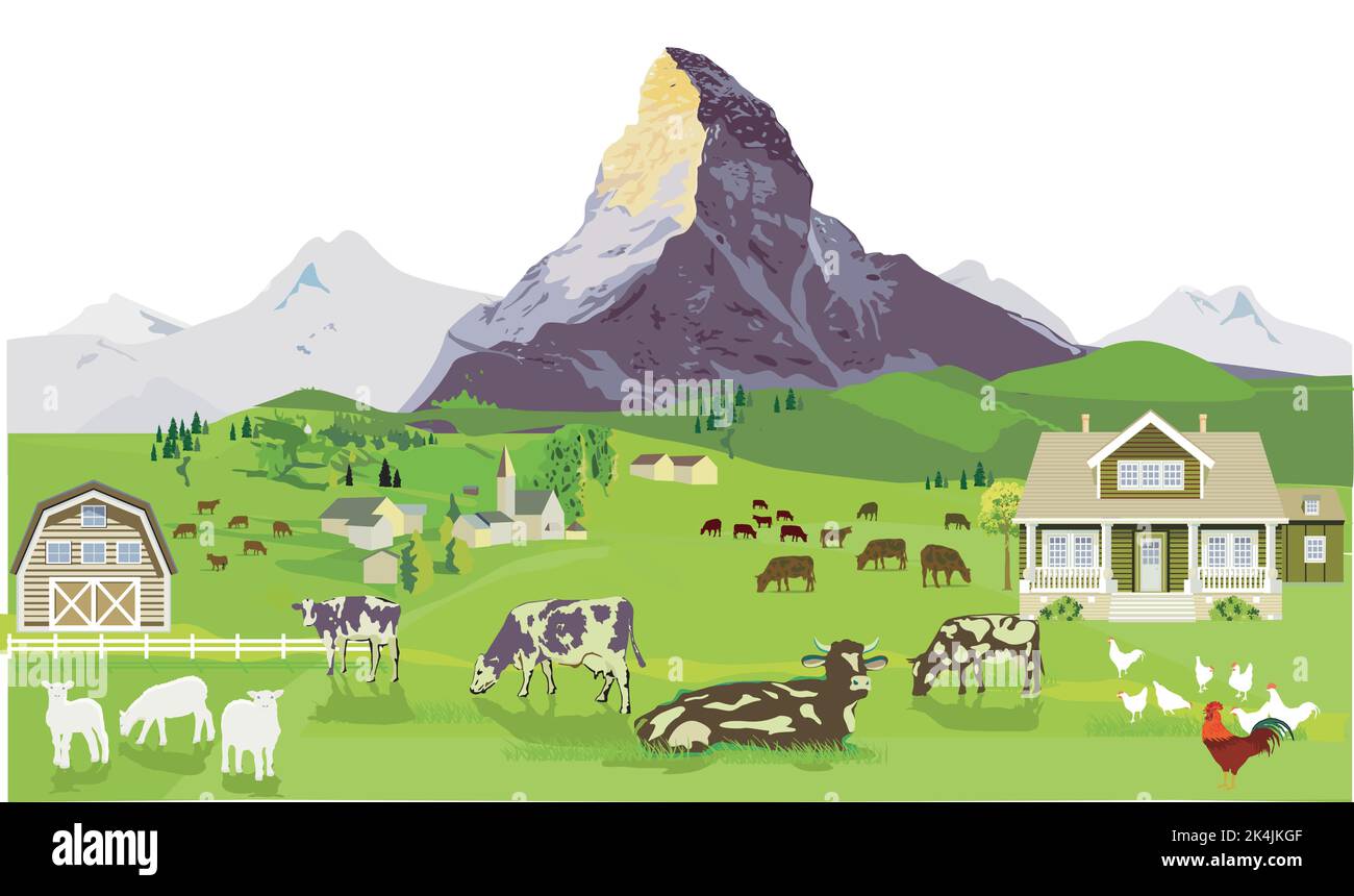 Bergkulisse mit Rindern auf der Weide und Bauernhof Illustration Stock Vektor