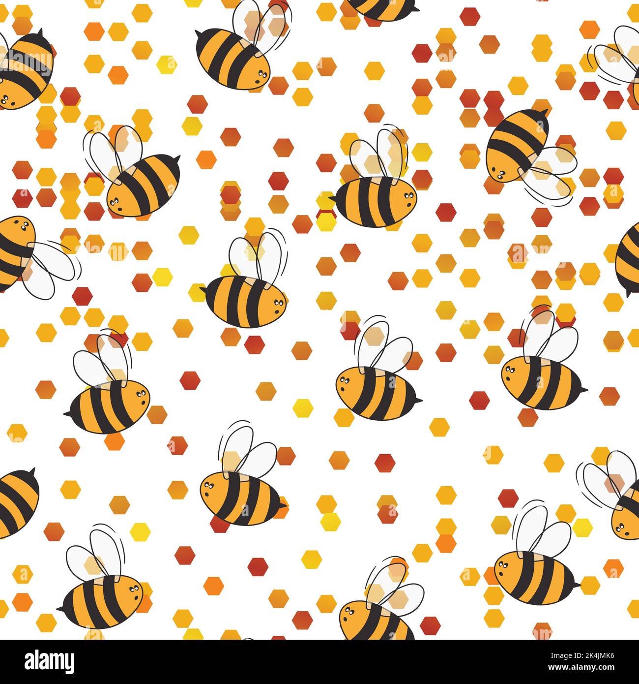 Nahtloses Muster mit Bienen auf weißem Wabenhintergrund. Kleine Wespe. Vektorgrafik. Entzückende Cartoon-Figur. Vorlagendesign für Einladung Stock Vektor