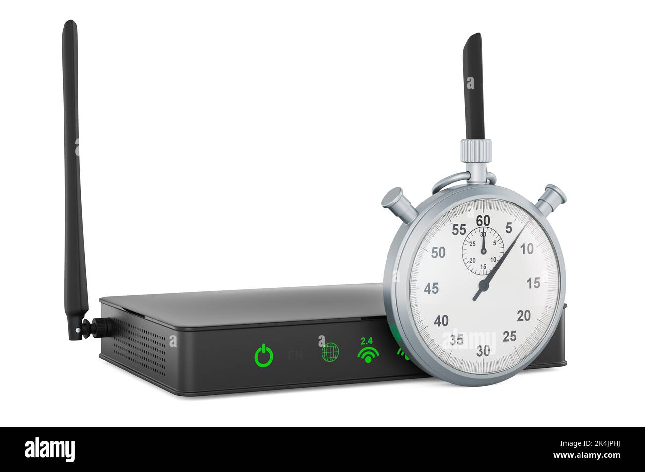 Router mit Stoppuhr. 3D Darstellung isoliert auf weißem Hintergrund Stockfoto