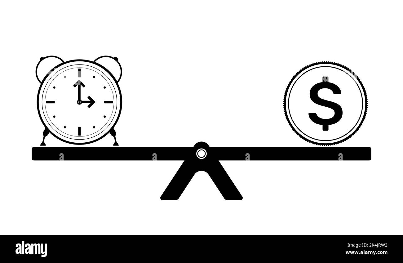 Zeit- und Geldangleichungskonzept. Uhr und Dollarmünze auf einem Seesaw-Symbol. Vektorgrafik Stock Vektor