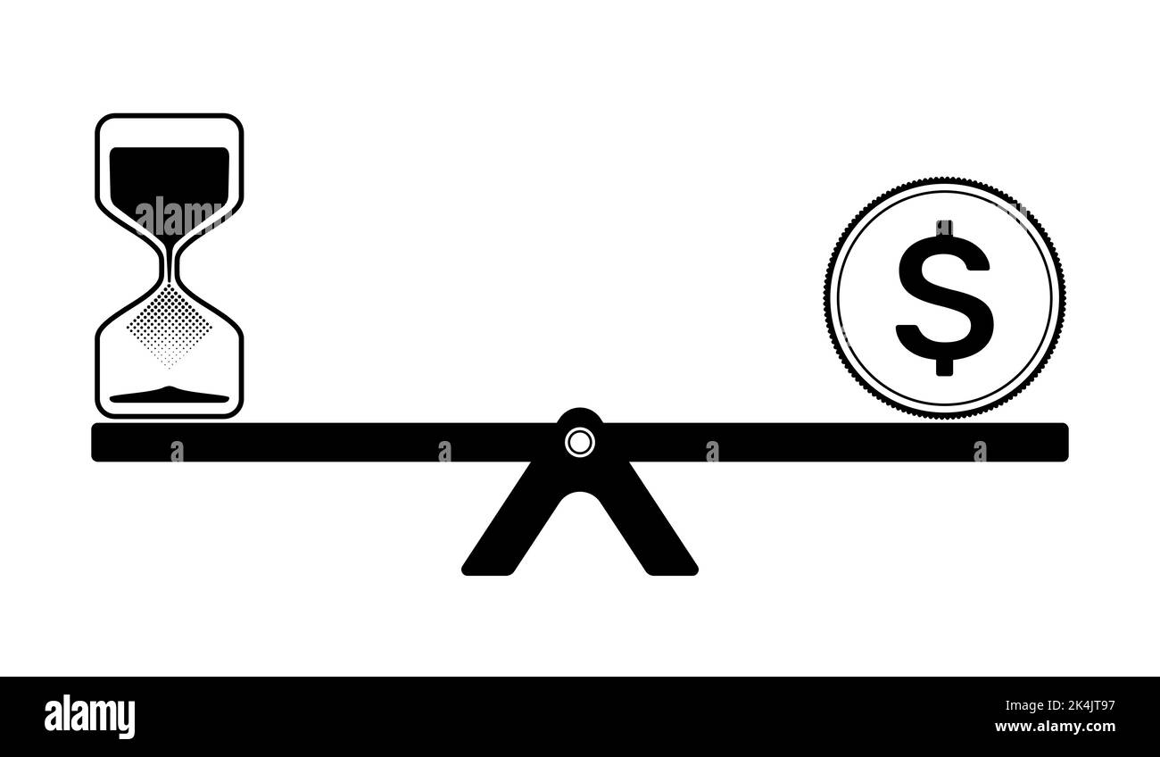 Zeit- und Geldangleichungskonzept. Sanduhr und Dollarmünze auf einem Seesaw-Symbol. Vektorgrafik Stock Vektor