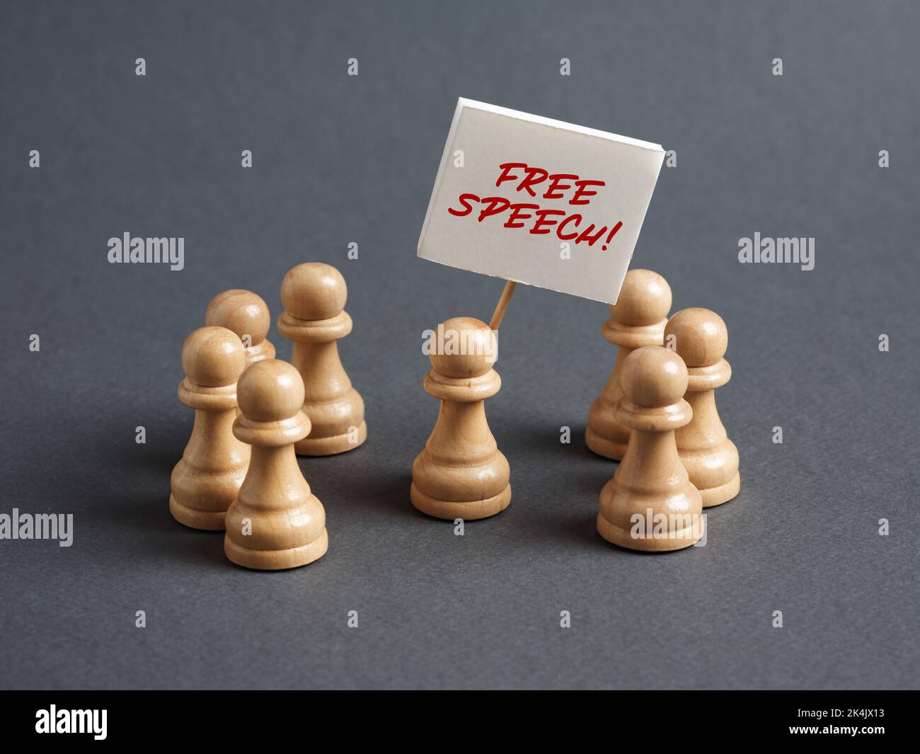 Schachspielerprotestierende hält ein Schild mit der freien REDE, umgeben von der Menge. Meinungsfreiheit Grundkonzept der Menschenrechte. Stockfoto
