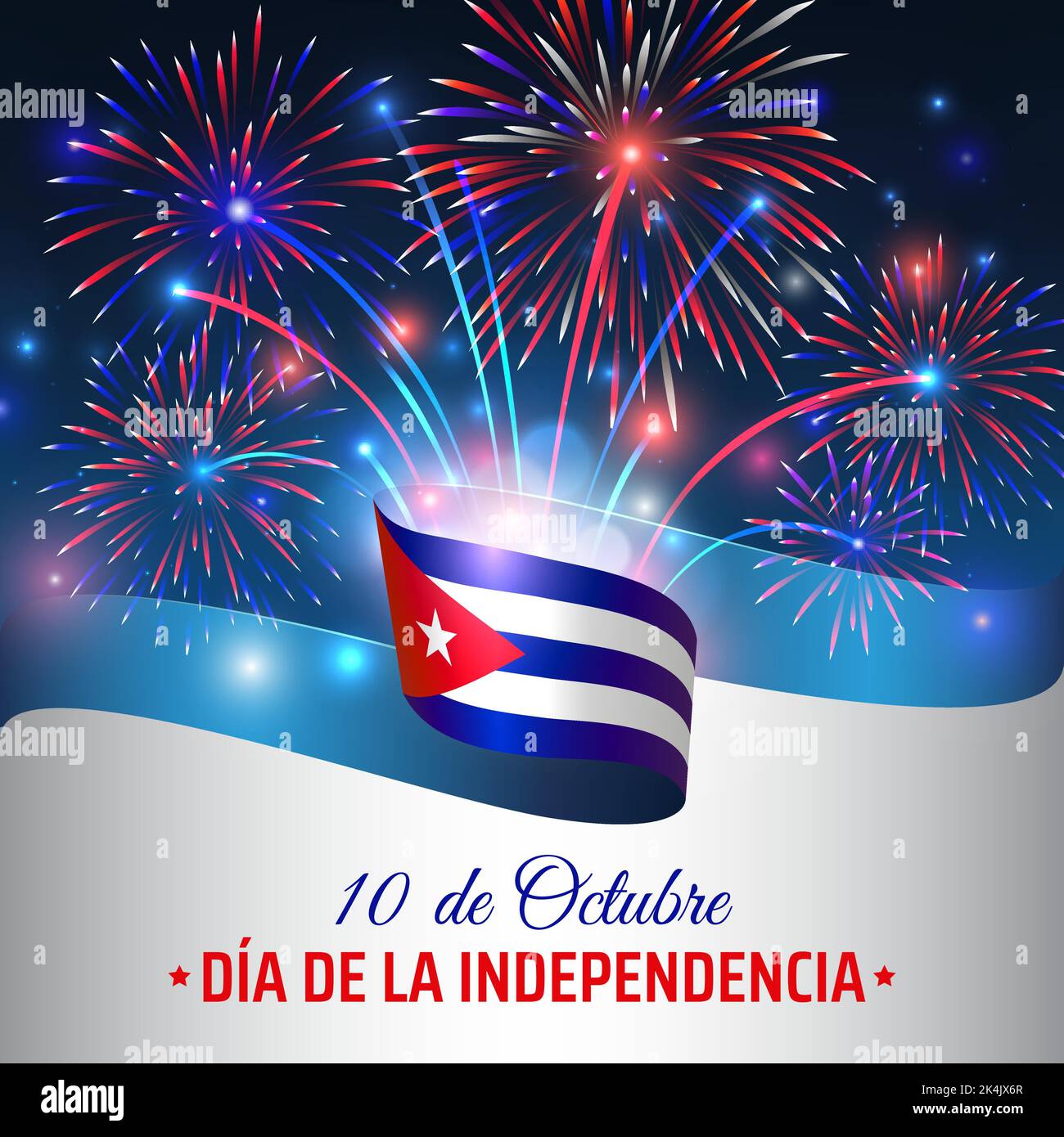 10. Oktober, Unabhängigkeitstag kuba. Gewellte kubanische Flagge und buntes Feuerwerk auf blauem Himmel. Nationaler urlaub in kuba. Grußkarte. Vektor Stock Vektor