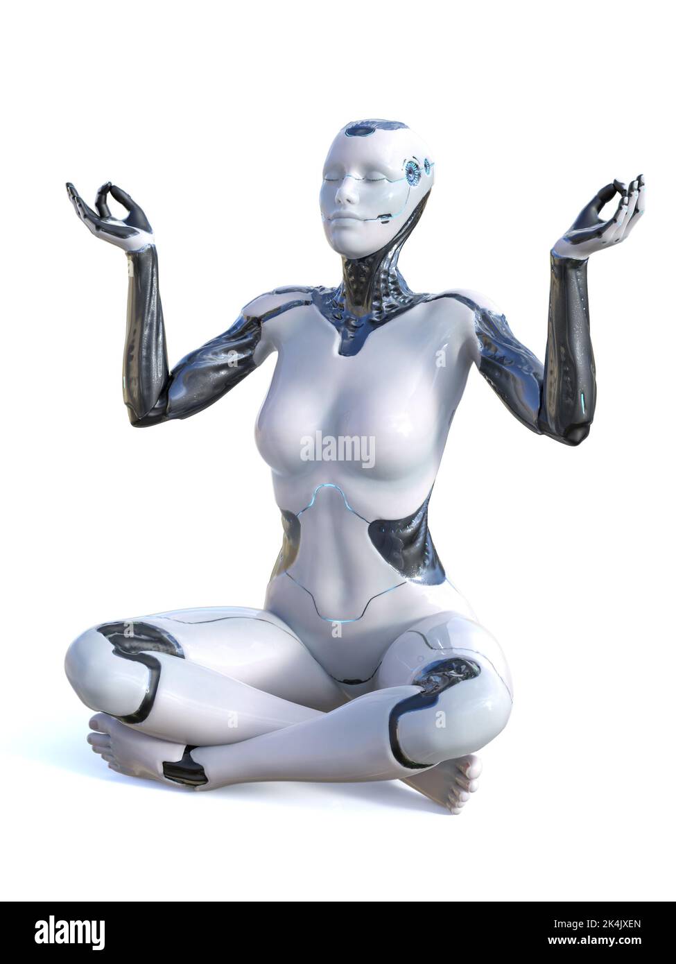 3D Darstellung einer robotischen Frau, die in Lotuspose mit gekreuzten Beinen auf dem Boden sitzt und ihre Arme hochhält, indem sie mit den Fingern eine Gyan-Mudra macht und meditiert. Weiß Stockfoto