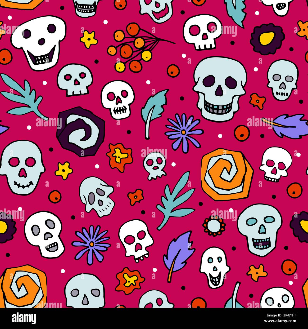 Doodle Halloween Schädel, Blumen nahtlose Muster. Skelett, Pflanze auf rosa Hintergrund. Handgezeichnetes El Dia de los Muertos. Mystischer Charakter. Vektor-il Stock Vektor