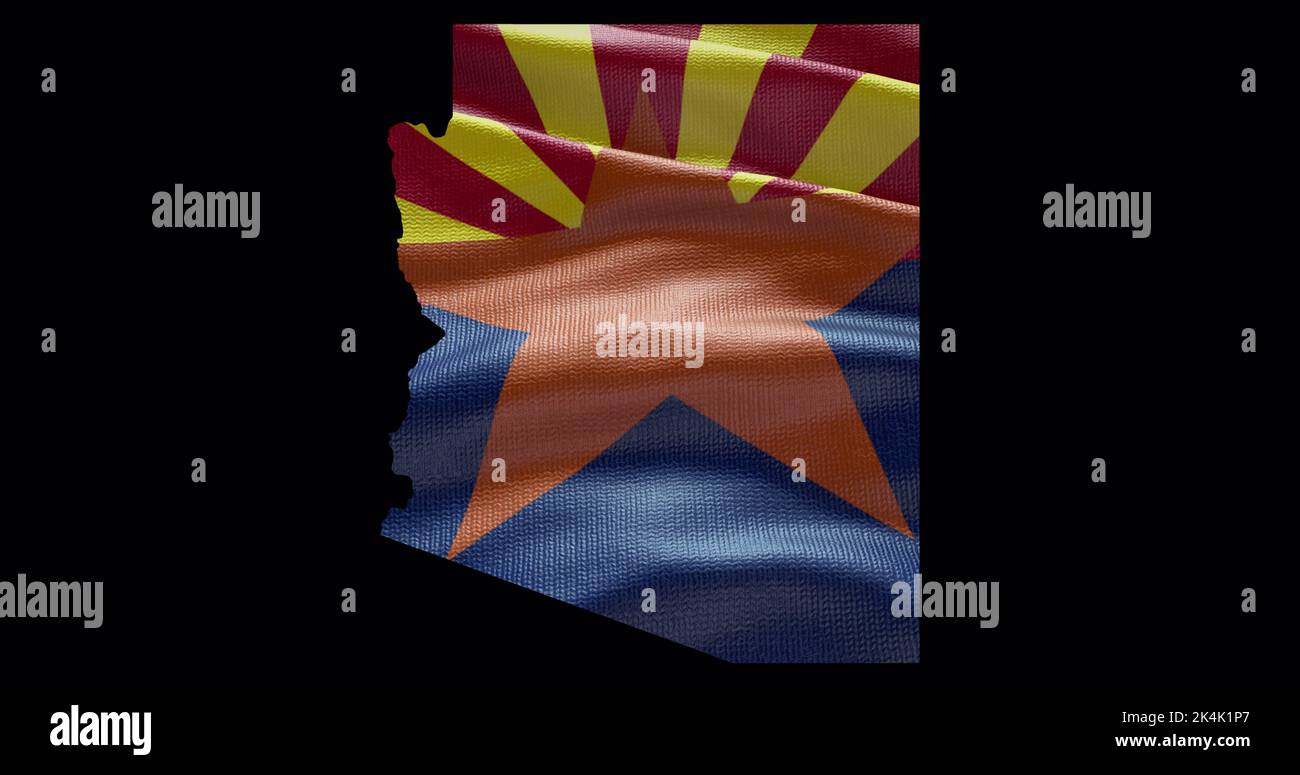 Arizona State Map mit winkender Flagge. Alphakanal-Hintergrund. Stockfoto