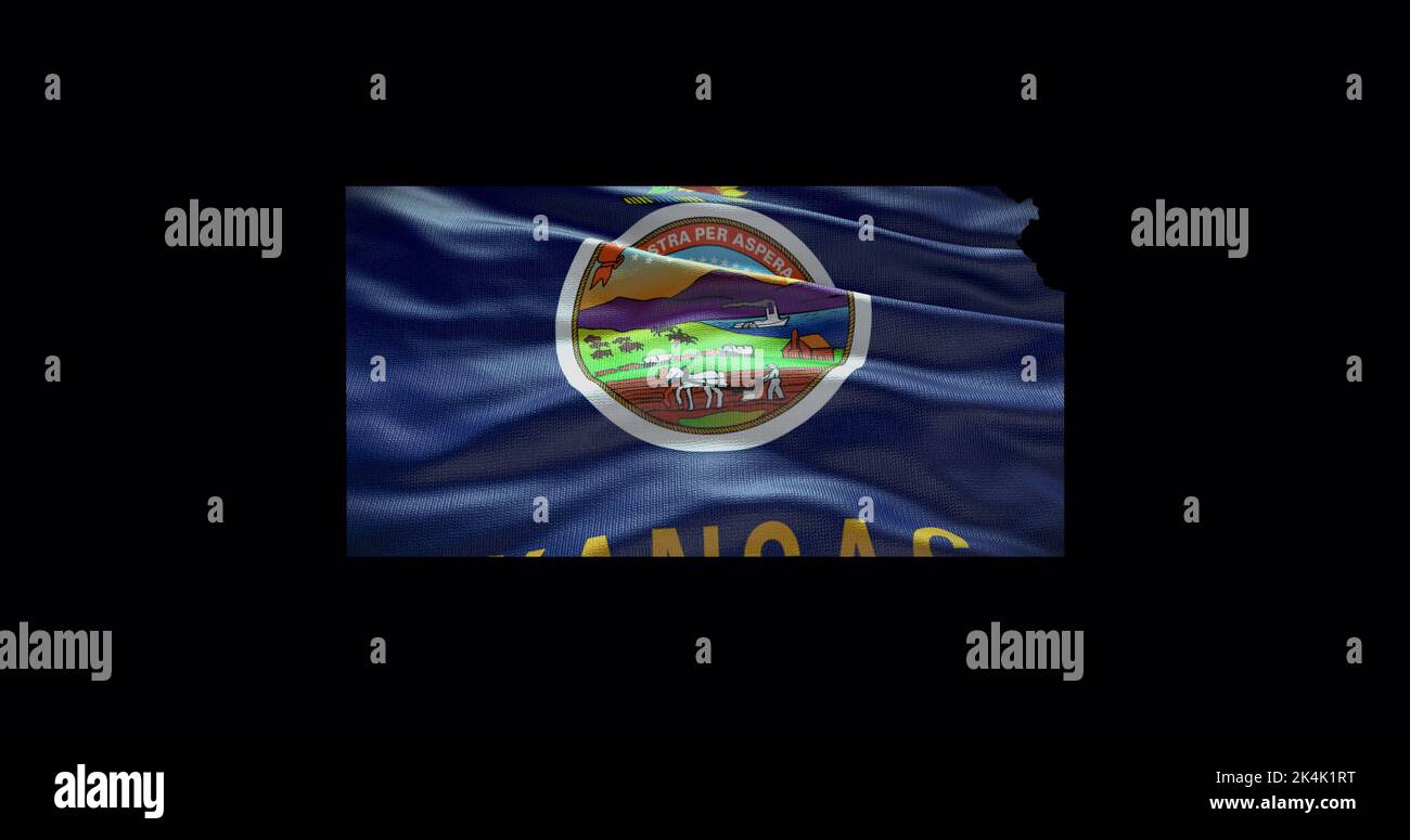 Kansas State Map mit winkender Flagge. Alphakanal-Hintergrund. Stockfoto