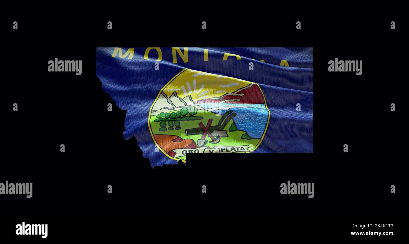 Montana State Map mit winkender Flagge. Alphakanal-Hintergrund. Stockfoto