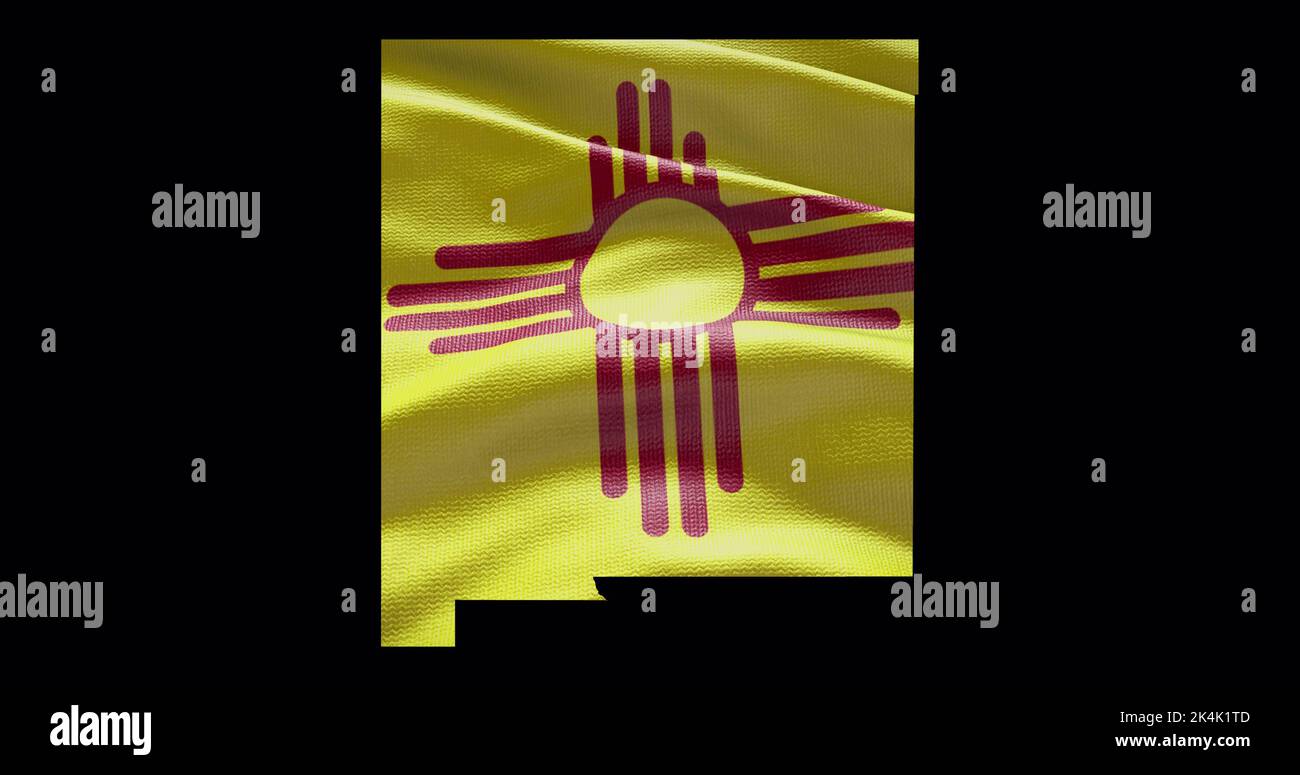 Karte des Bundesstaates New Mexico mit winkender Flagge. Alphakanal-Hintergrund. Stockfoto