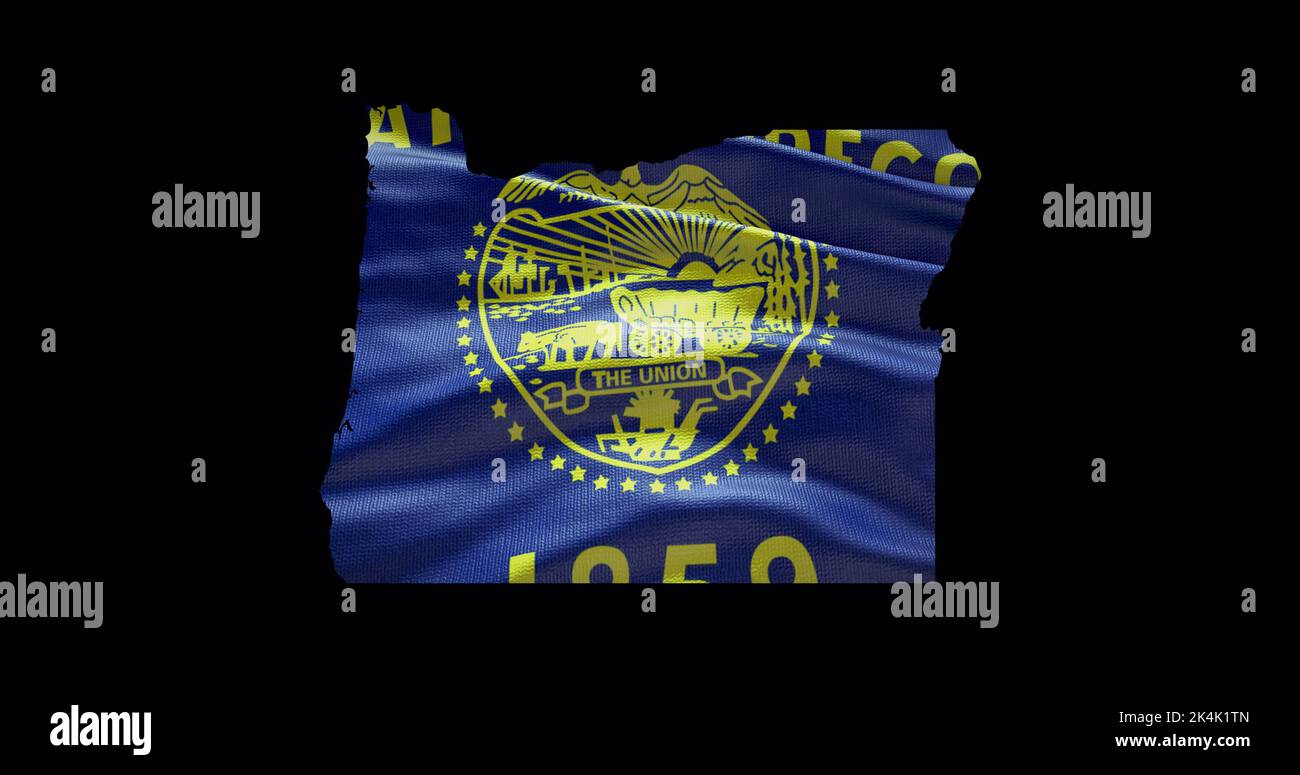 Oregon State Map mit winkender Flagge. Alphakanal-Hintergrund. Stockfoto