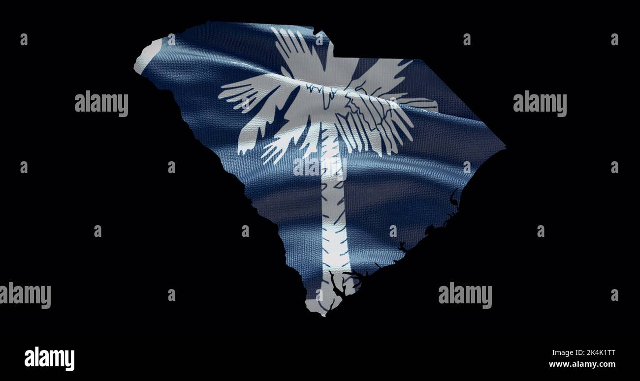 Karte des Bundesstaates South Carolina mit winkender Flagge. Alphakanal-Hintergrund. Stockfoto