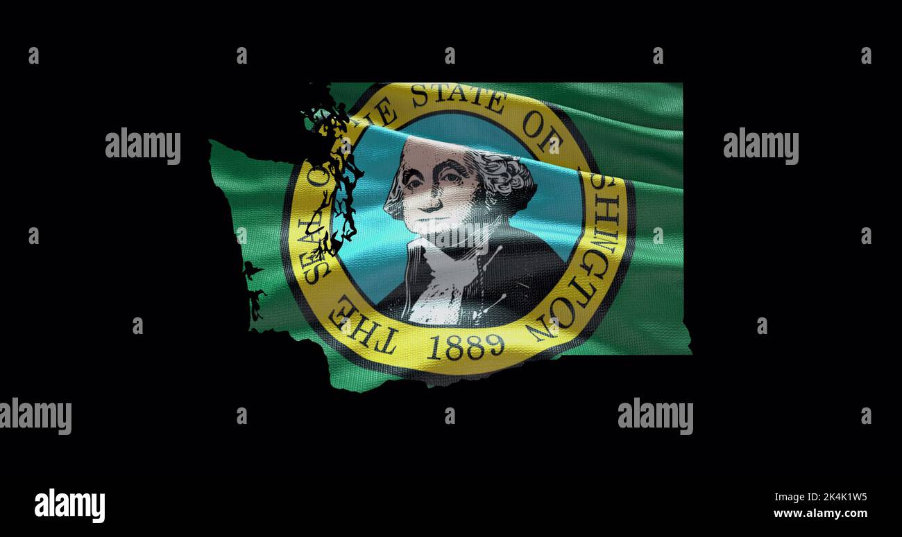 Washington State Map mit winkender Flagge. Alphakanal-Hintergrund. Stockfoto