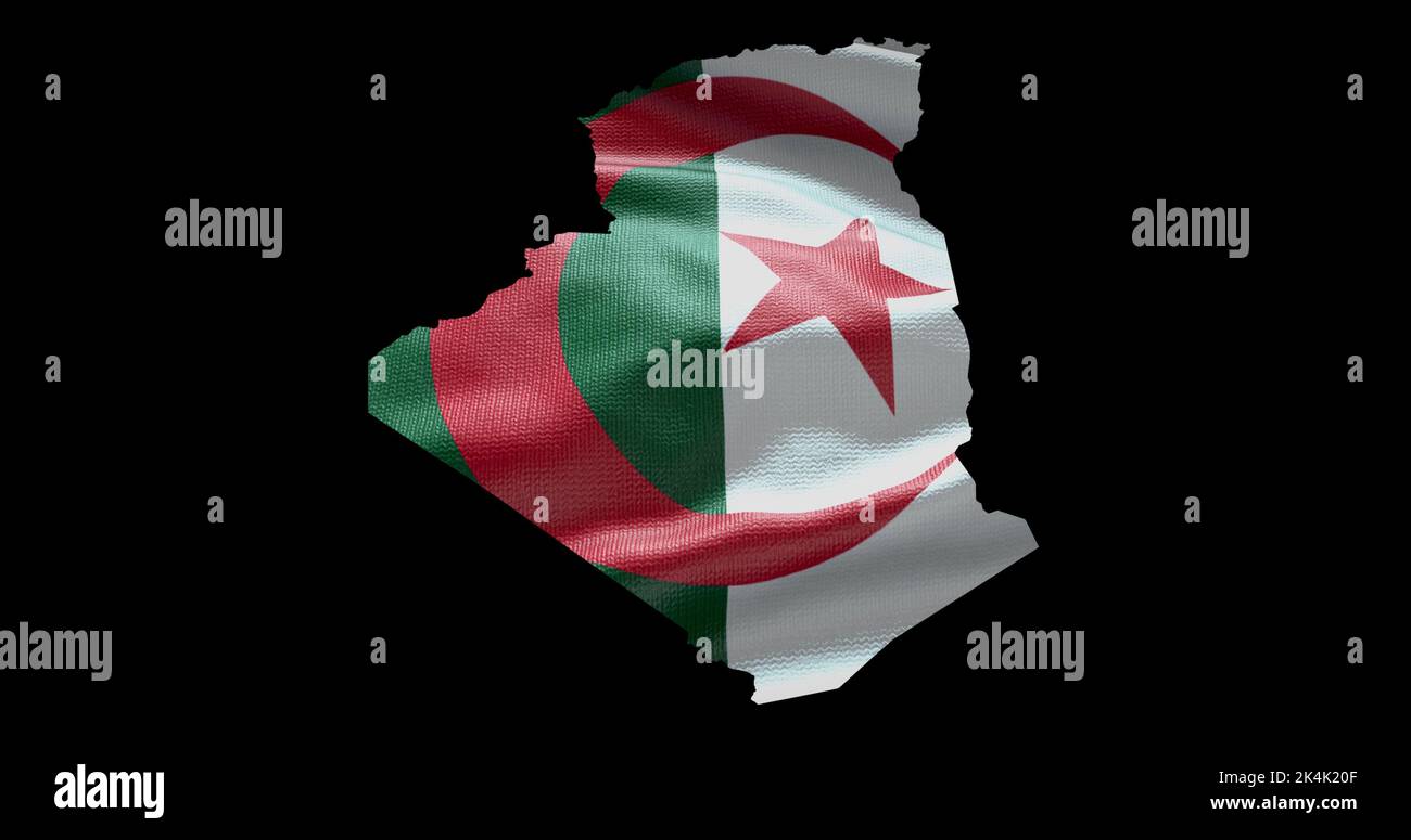 Algerische Kartenform mit Hintergrund der wehenden Flagge. Alphakanal-Übersicht des Landes. Stockfoto