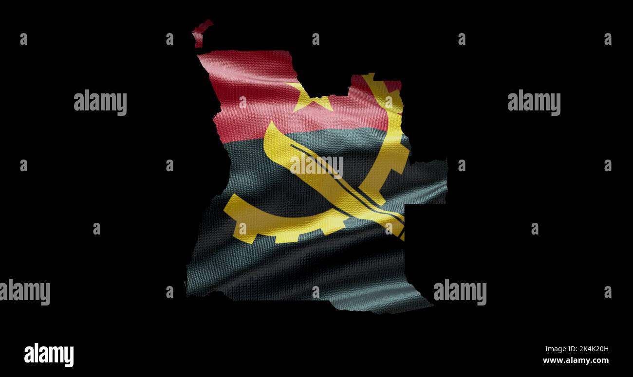 Angola Kartenform mit Hintergrund der wehenden Flagge. Alphakanal-Übersicht des Landes. Stockfoto