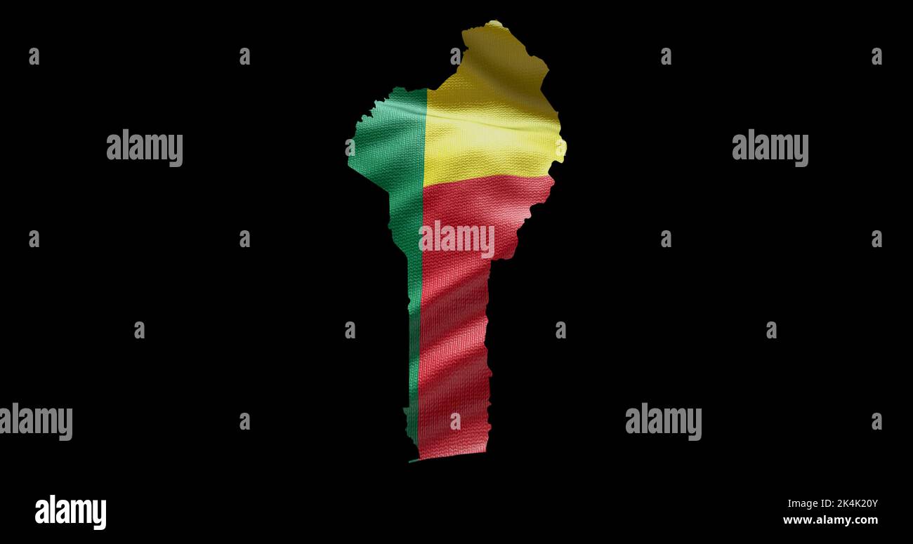 Benin Kartenform mit Hintergrund der wehenden Flagge. Alphakanal-Übersicht des Landes. Stockfoto