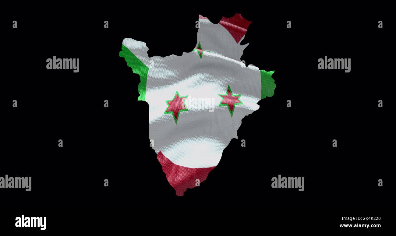 Burundi Kartenform mit Hintergrund der wehenden Flagge. Alphakanal-Übersicht des Landes. Stockfoto