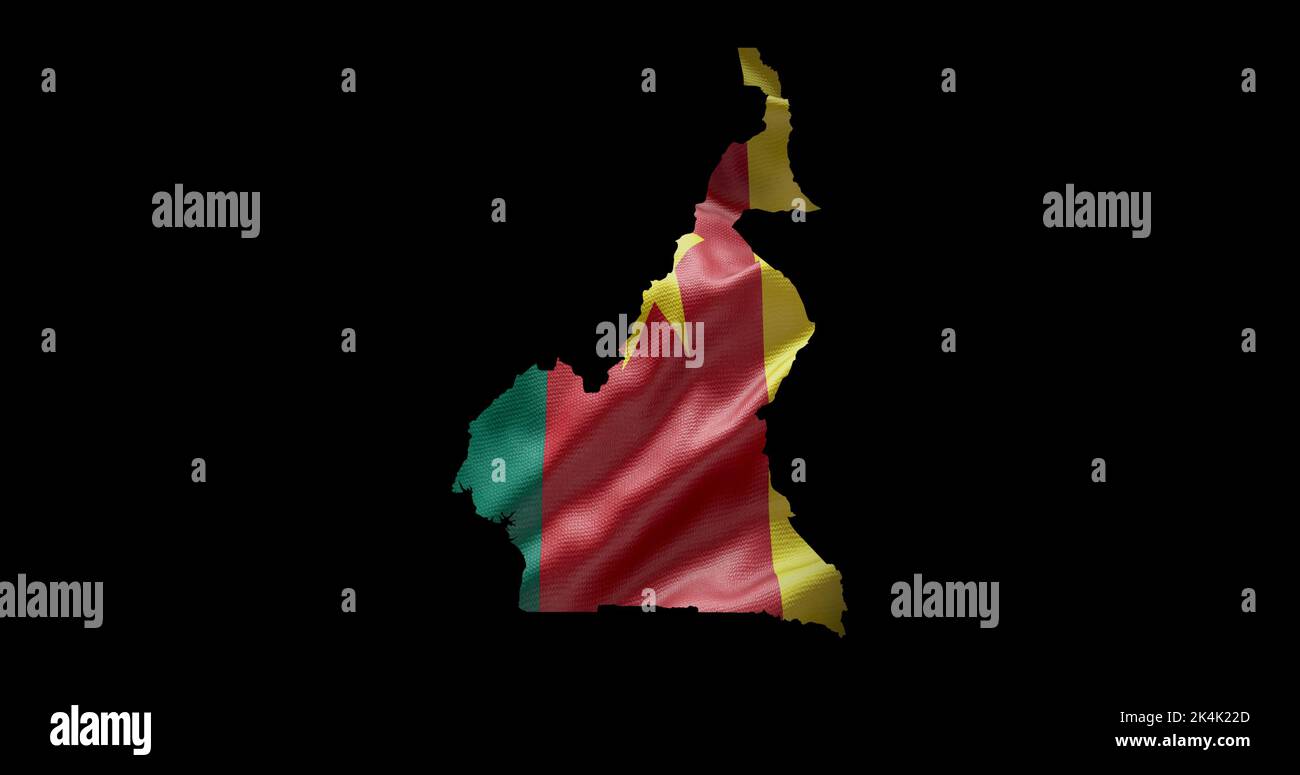 Kamerun-Kartenform mit Hintergrund der wehenden Flagge. Alphakanal-Übersicht des Landes. Stockfoto