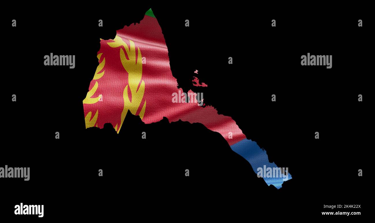Kartenform von Eritrea mit Hintergrund der wehenden Flagge. Alphakanal-Übersicht des Landes. Stockfoto
