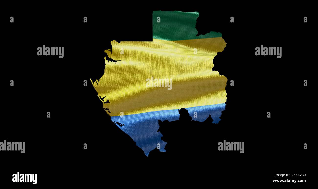 Gabun-Kartenform mit Hintergrund der wehenden Flagge. Alphakanal-Übersicht des Landes. Stockfoto