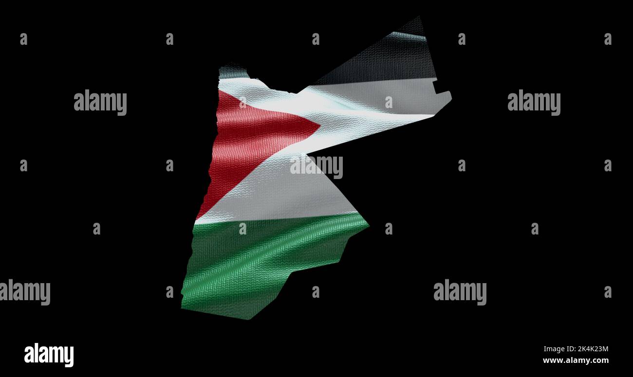 Jordan Kartenform mit wehender Flagge im Hintergrund. Alphakanal-Übersicht des Landes. Stockfoto