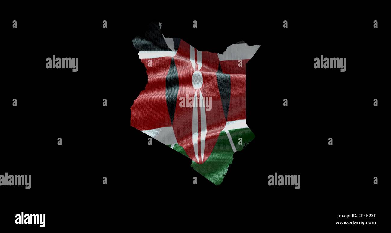 Kenya Kartenform mit wehender Flagge Hintergrund. Alphakanal-Übersicht des Landes. Stockfoto