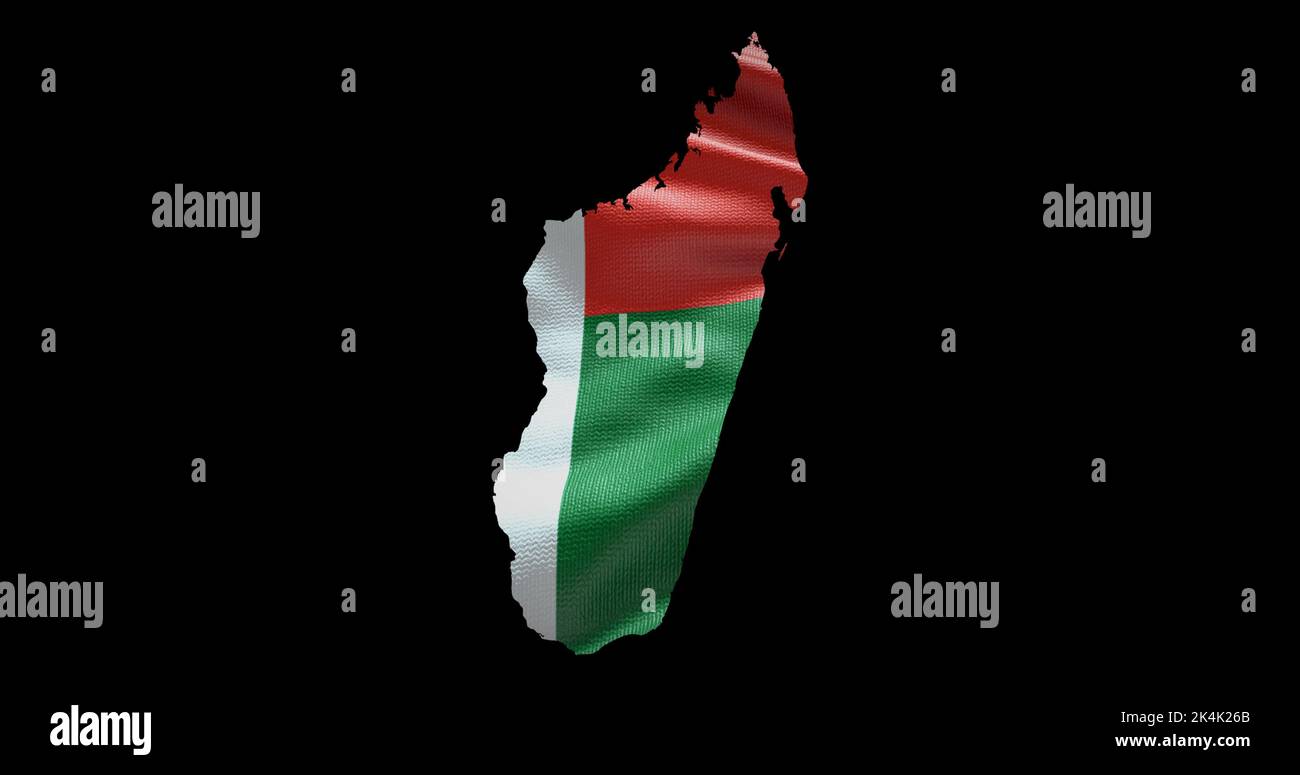 Madagaskar Kartenform mit wehender Flagge Hintergrund. Alphakanal-Übersicht des Landes. Stockfoto