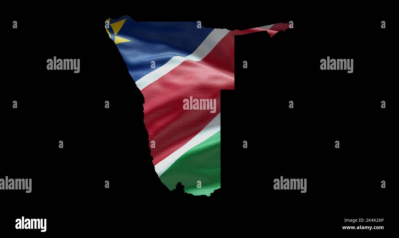 Namibia Kartenform mit wehender Flagge Hintergrund. Alphakanal-Übersicht des Landes. Stockfoto