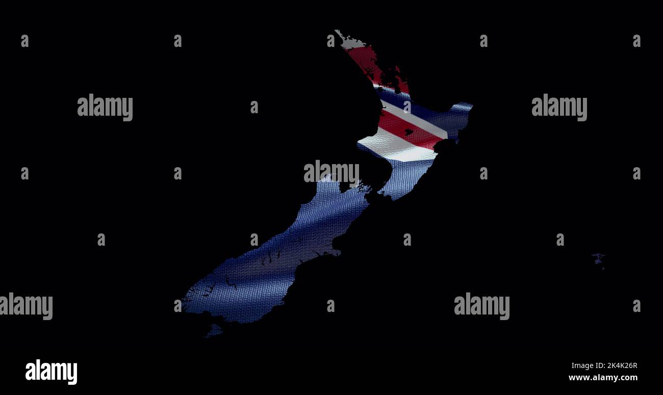 Neuseeländische Kartenform mit wehender Flagge im Hintergrund. Alphakanal-Übersicht des Landes. Stockfoto