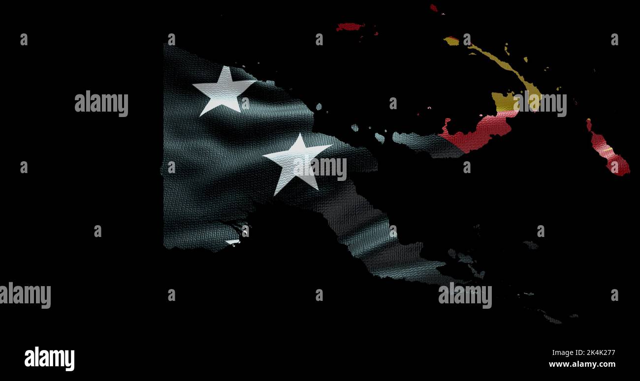 Papua-Neuguinea Kartenform mit wehender Flagge im Hintergrund. Alphakanal-Übersicht des Landes. Stockfoto