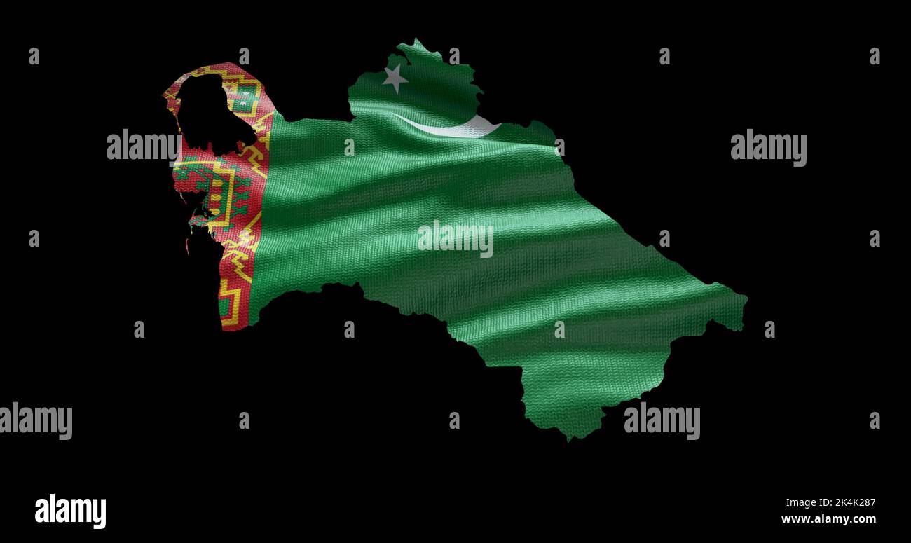 Turkmenistan Kartenform mit wehender Flagge Hintergrund. Alphakanal-Übersicht des Landes. Stockfoto