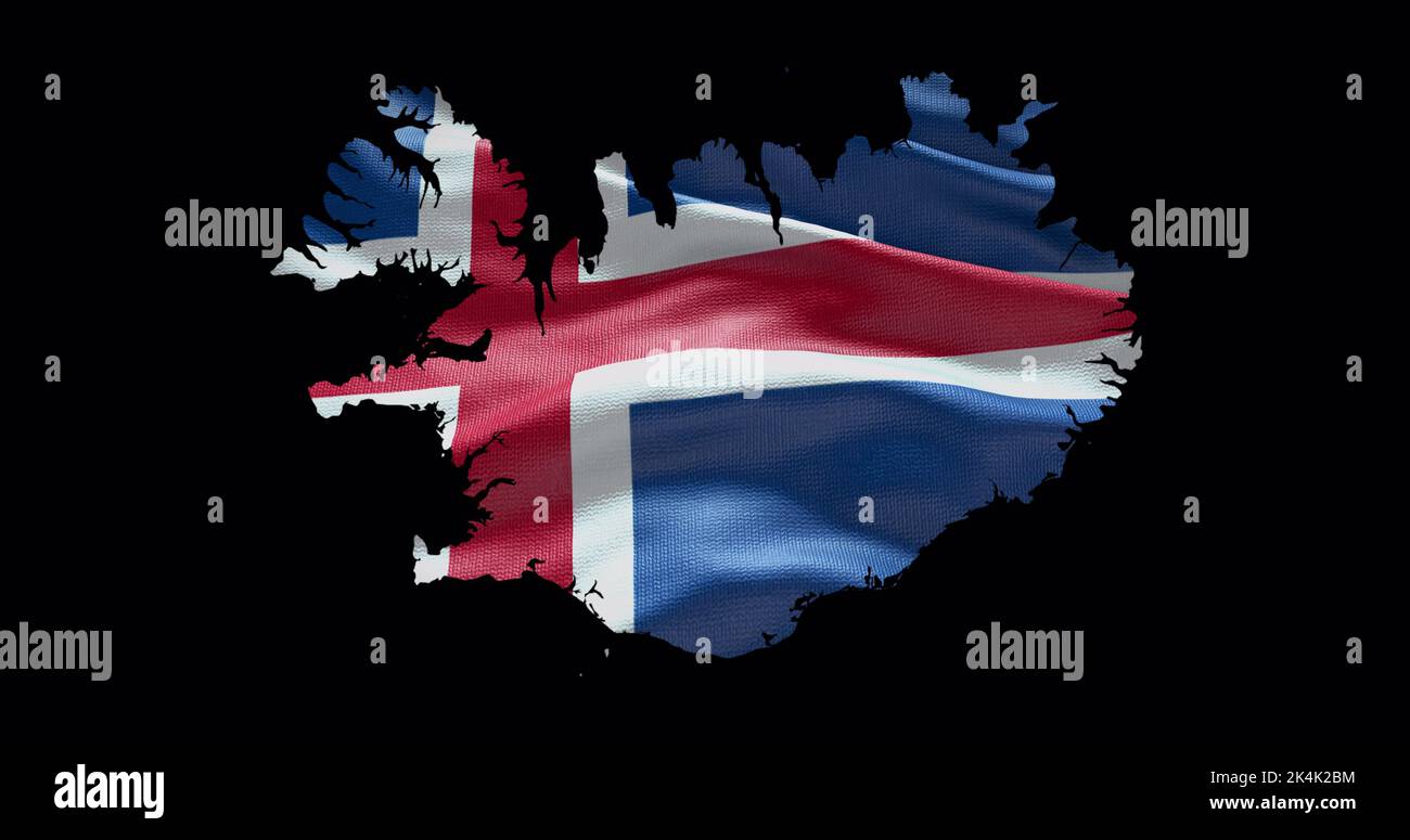 Island Kartenform mit wehender Flagge Hintergrund. Alphakanal-Übersicht des Landes. Stockfoto