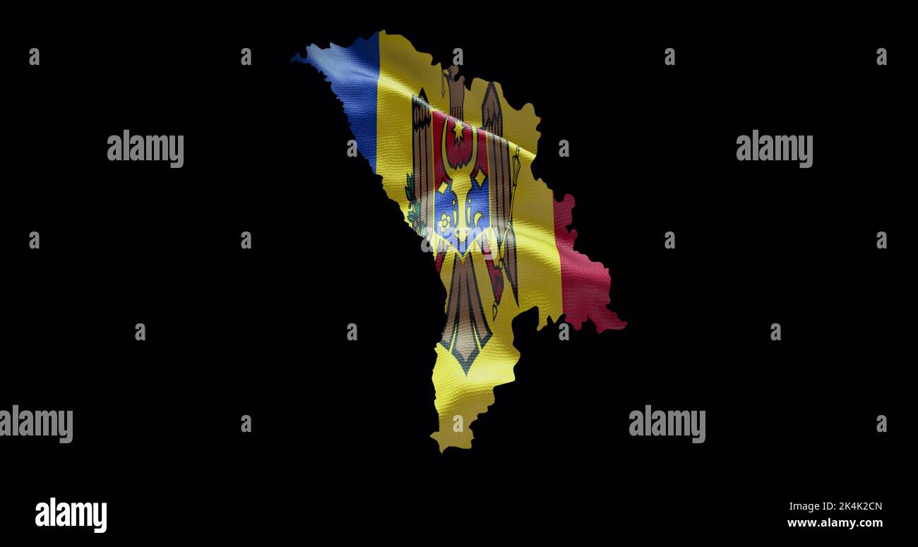 Moldawien Kartenform mit wehender Flagge Hintergrund. Alphakanal-Übersicht des Landes. Stockfoto