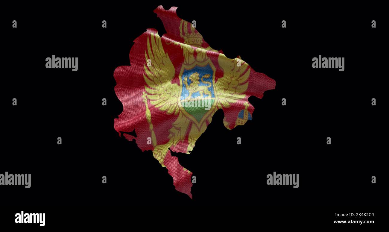 Montenegro Kartenform mit wehender Flagge Hintergrund. Alphakanal-Übersicht des Landes. Stockfoto