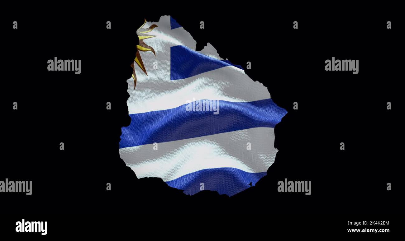 Uruguay-Kartenform mit Hintergrund der wehenden Flagge. Alphakanal-Übersicht des Landes. Stockfoto