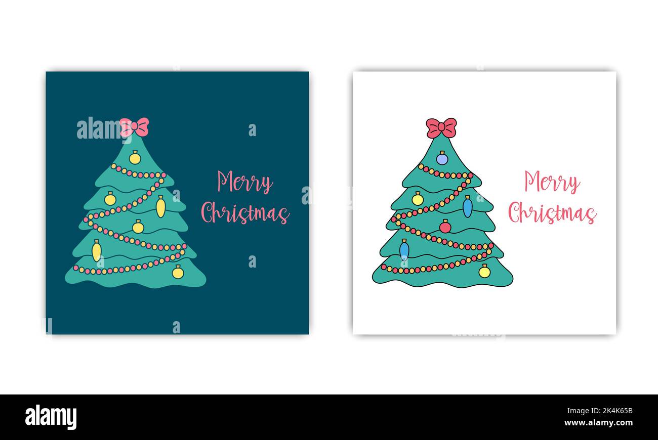 Frohe Weihnachten Grußkarten Set. Dekorierter Doodle Weihnachtsbaum und Text. Vektor-Illustration von Tannenbaum mit Bogen, Girlanden und Dekorationen. Niedlicher Wagen Stock Vektor
