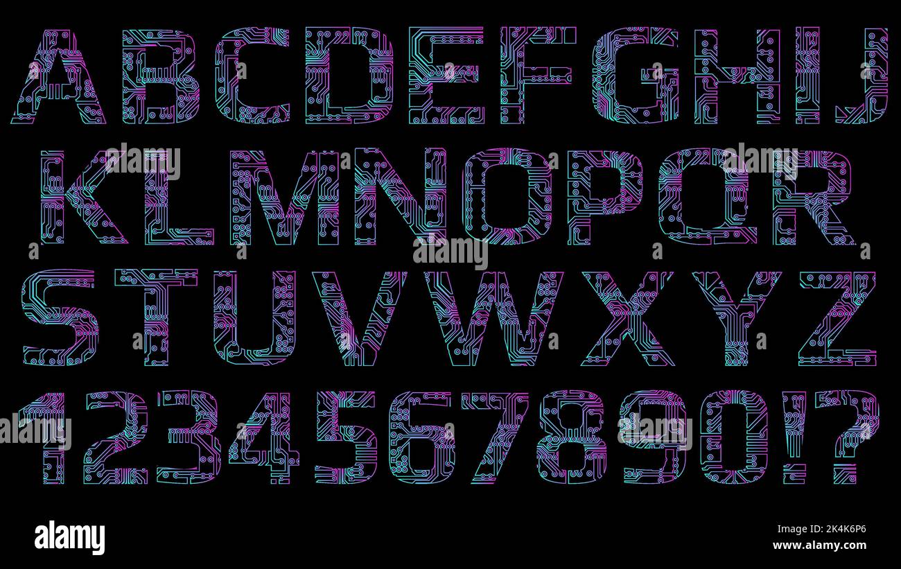 Kontursatz aus lateinischem digitalem Alphabet, perforiert mit Leiterplattenspuren auf Leiterplatten, isoliert auf Weiß. Farbige Umrisse von Großbuchstaben und Ziffern für Modder Stock Vektor