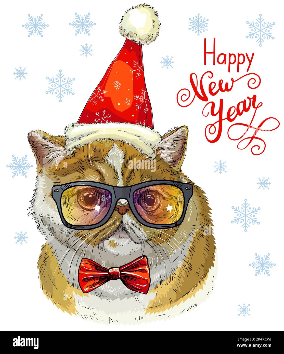 Weihnachtskarte mit witzigem exotischen Katzenportrait in weihnachtshut, Brille, Bogen, Schneeflocken und Schriftzug Frohes neues Jahr. Vektorgrafik. Für die Einrichtung, Stock Vektor