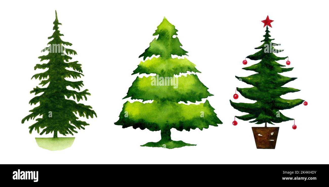 Aquarell weihnachtsbäume gesetzt. Handgezeichnete Abbildung immergrüner Bäume isoliert auf Weiß. Weihnachtsbaum Cliparts. Stockfoto