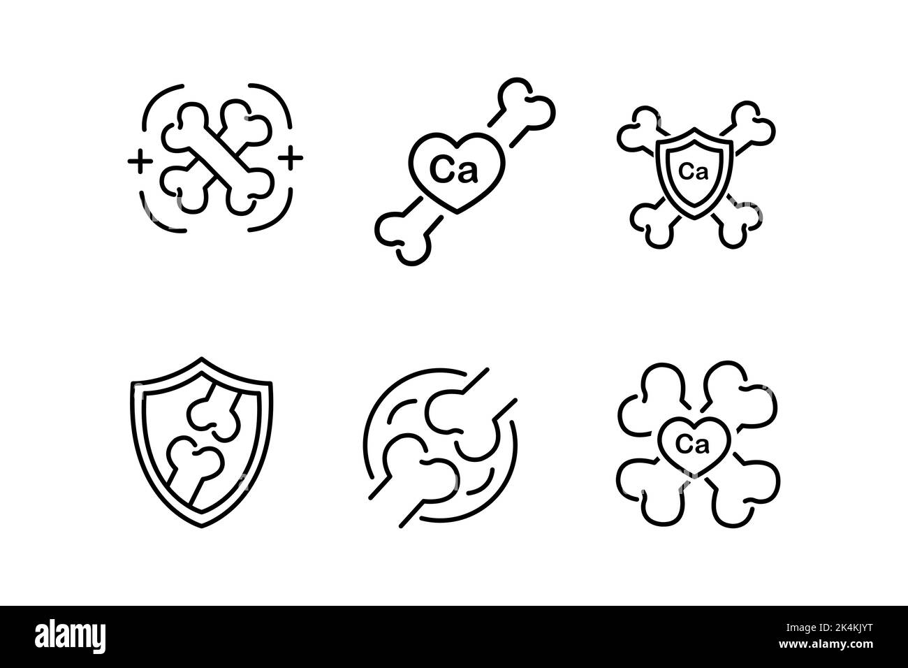 Symbol für das chemische Element und den Knochen von Calcium. Vektorclipart und Zeichnung. Linearer Umriss. Editierbare isolierte Illustration auf weißem Hintergrund. Stock Vektor