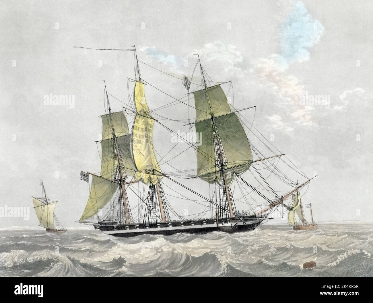 Amerikanische Marine Korvette unter Segel, Anfang 19. Jahrhundert. Nach einem Druck von Willem Hendrik Hoogkamer aus einer Zeichnung von Lieutenant van der Hart. Stockfoto
