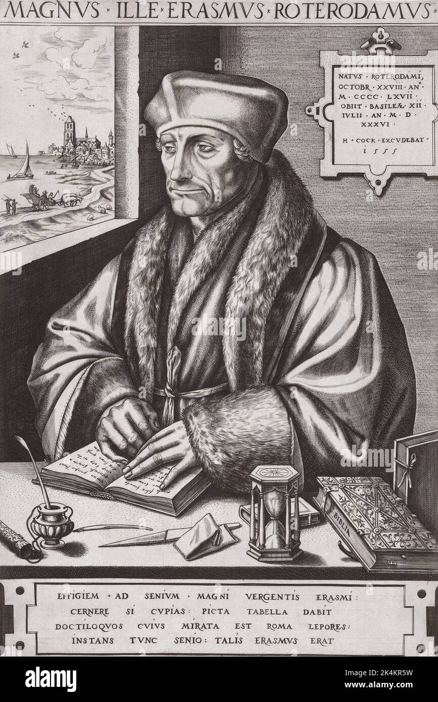 Erasmus. Vollständiger Name Desiderius Erasmus Roterodamus, 1466 - 1536, aka Erasmus von Rotterdam. Niederländischer Humanist der Renaissance, katholischer Priester und Theologe. Nach einem Druck von Frans Huys aus dem 16.. Jahrhundert nach einem Werk von Hans Holbein II. Stockfoto
