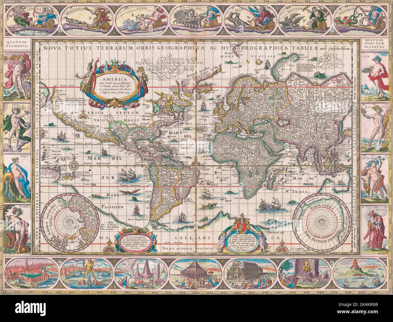 Weltkarte aus dem Jahr 1634/1635 von Willem Blaeu. Nova totius terrarum orbis geographica ac hydrographica tabula. Unten auf der Karte sind Illustrationen der sieben Wunder der antiken Welt zu sehen. Stockfoto