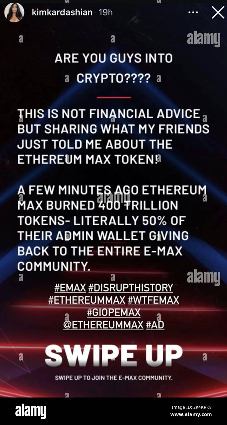 Non Exclusive: ***KEINE E-MAIL ONLINE, SOFERN NICHT VEREINBART*** die Securities and Exchange Commission gab heute Anklagen gegen Kim Kardashian wegen Werbung bekannt Stockfoto