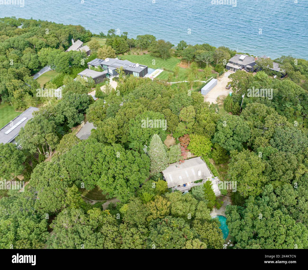 Luftaufnahme der Water's Edge Road in East Hampton, NY Stockfoto