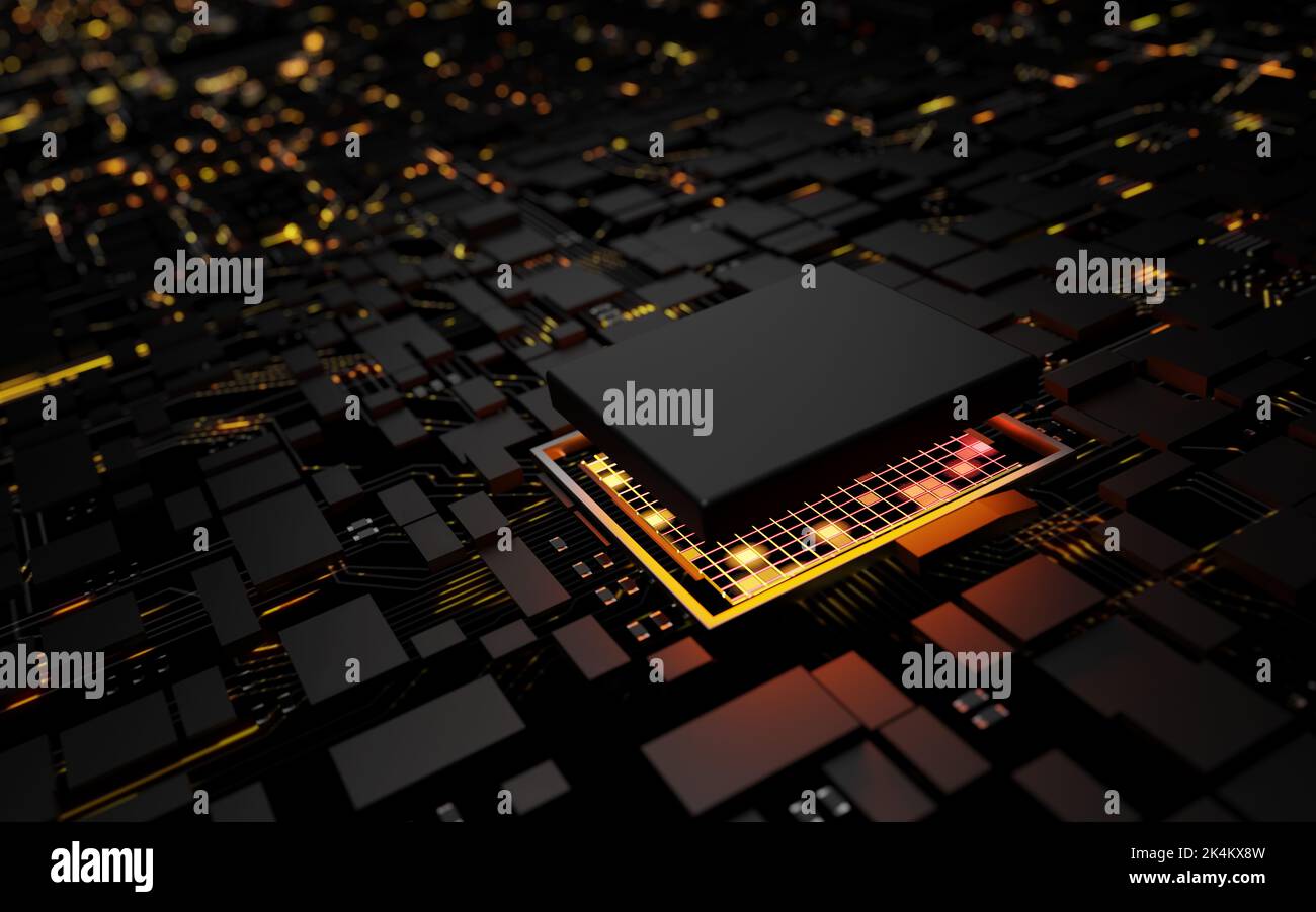 3D Rendering Mikroprozessor CPU-Chipsatz zentrale Prozessoreinheit auf der Hauptplatine des Beleuchtungskreises. Cyber- und Zukunftskonzept, Hardware, Stockfoto