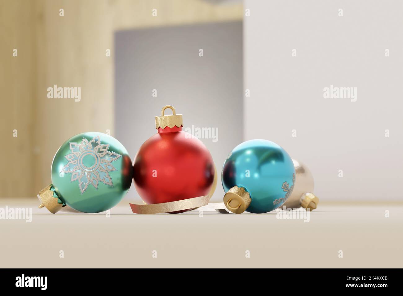 3D realistische farbenfrohe Weihnachtskugeln im modernen und eleganten Stil mit Kopierfläche Stockfoto
