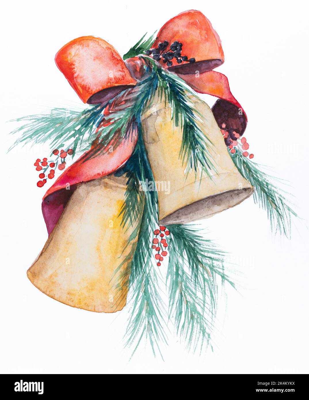 Neujahr und weihnachtsglocken festliches Dekor für Grußkarte oder Flyer, Postkarte, Broschüre, Broschüre. Handgezeichnete Aquarelldarstellung isoliert auf Stockfoto