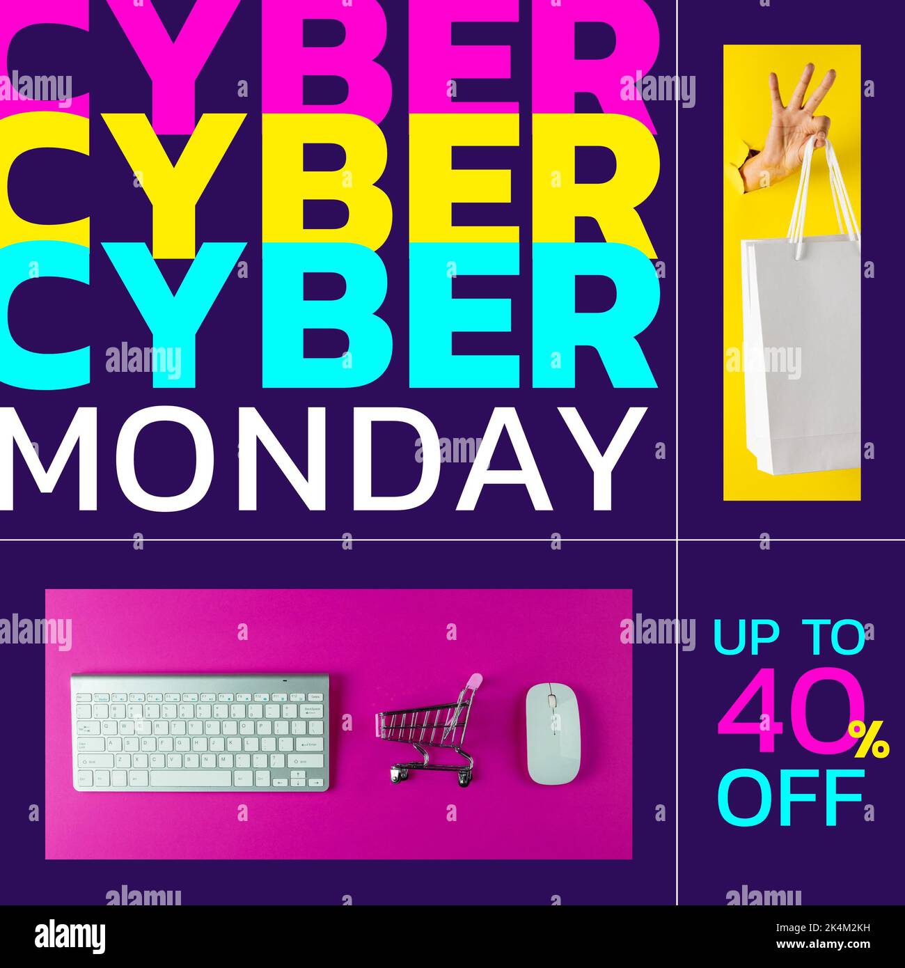 Zusammensetzung von Cyber monday-Text über Tastatur, Computermaus und Einkaufstasche mit der Hand Stockfoto